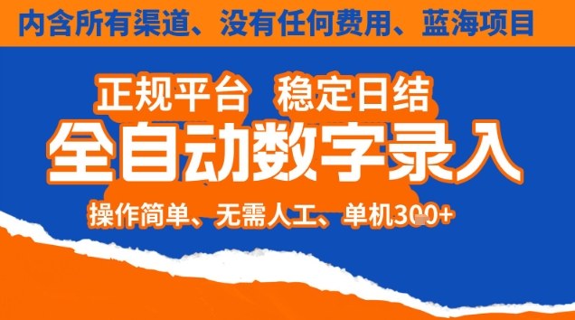 全自动数字录入，单机日入3张+，内含所有渠道全程免费零成本，操作简单可矩阵开干【揭秘】-夏姐拆项目