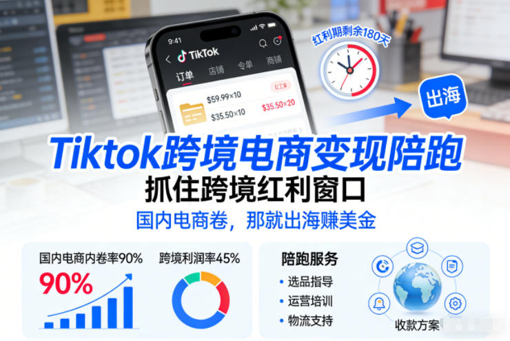 Tiktok跨境电商变现陪跑，抓住跨境红利窗口，国内电商卷，那就出海賺美金-夏姐拆项目