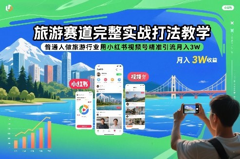 旅游赛道完整实战打法教学，普通人做旅游行业用小红书视频号精准引流月入3W-夏姐拆项目