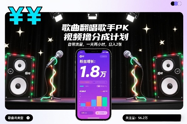 歌曲翻唱歌手PK视频撸分成计划，自带流量，一天两小时，日入2张-夏姐拆项目