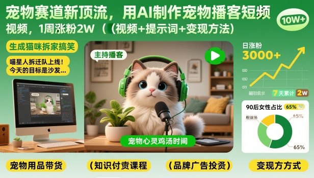 宠物赛道新顶流，用AI制作宠物播客短视频，1周涨粉2W(视频+提示词+变现方法)-夏姐拆项目