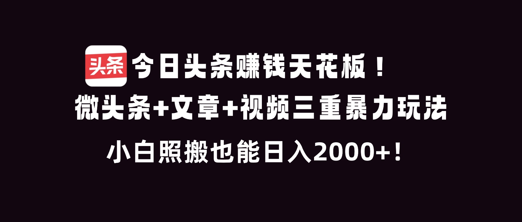 今日头条赚钱天花板！微头条+文章+视频三重暴利玩法，小白照搬也能日人2000+-夏姐拆项目