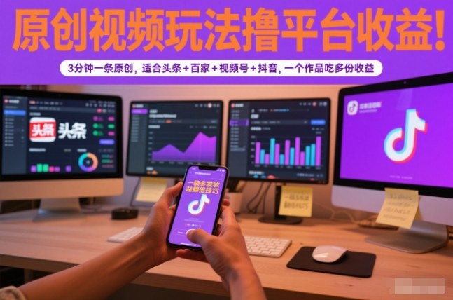 原创视频玩法撸平台收益，3分钟一条原创，适合头条+百家+视频号+抖音，一个作品吃多份收益-夏姐拆项目