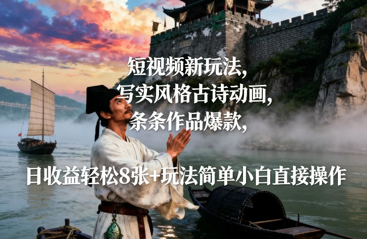 短视频新玩法，写实风格古诗动画，条条作品爆款，日收益轻松8张+玩法简单小白直接操作-夏姐拆项目