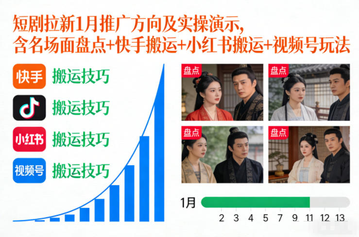 短剧拉新1月推广方向及实操演示，含名场面盘点+快手搬运+小红书搬运+视频号玩法-夏姐拆项目